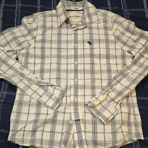 Abercrombie & Fitch Men's White and Blue Checkered Shirt